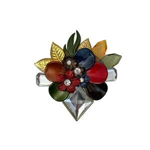 Vintage Lucite Floral Brooch Rhinestone Crystal Statement Pin Multicolor